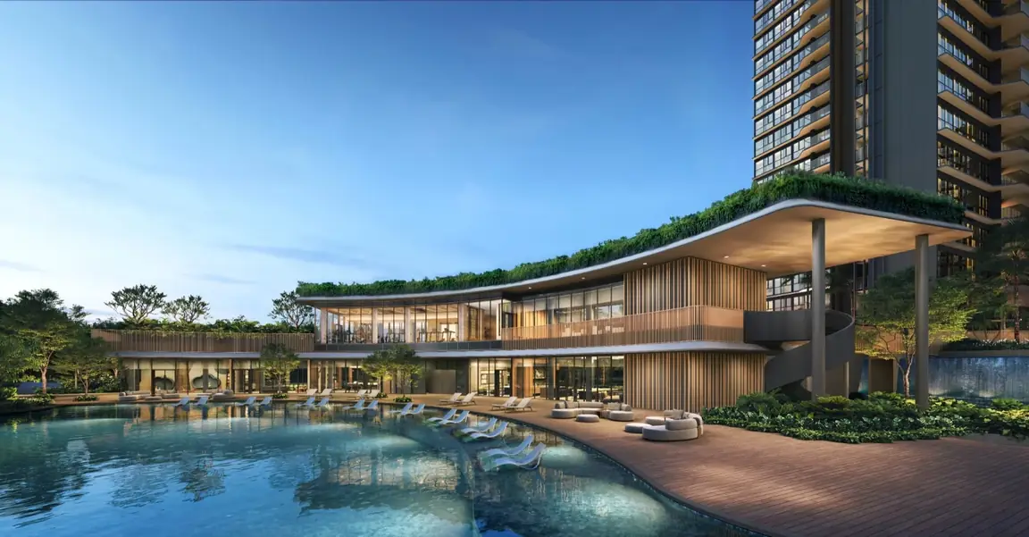 The clubhouse and infinity pool at Thomson Reserve at dusk