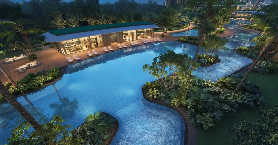 Aerial view at dusk of the leisure pool winding between planted islands