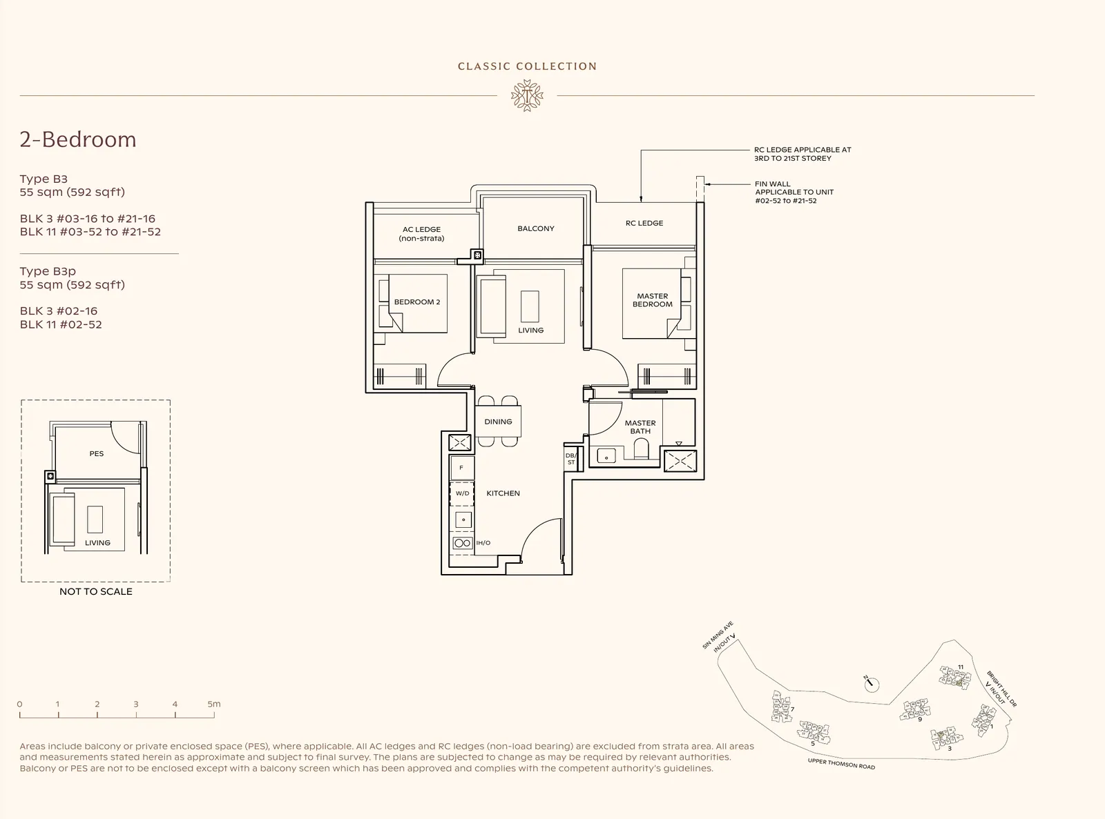 Floor plan for 2-Bedroom, Type B3, 592 sq ft at Thomson Reserve