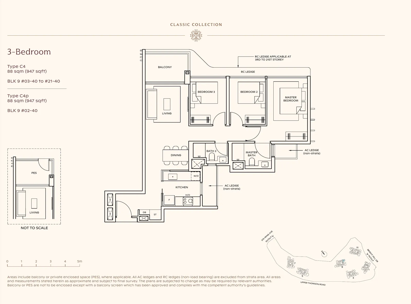 Floor plan for 3-Bedroom, Type C4, 947 sq ft at Thomson Reserve