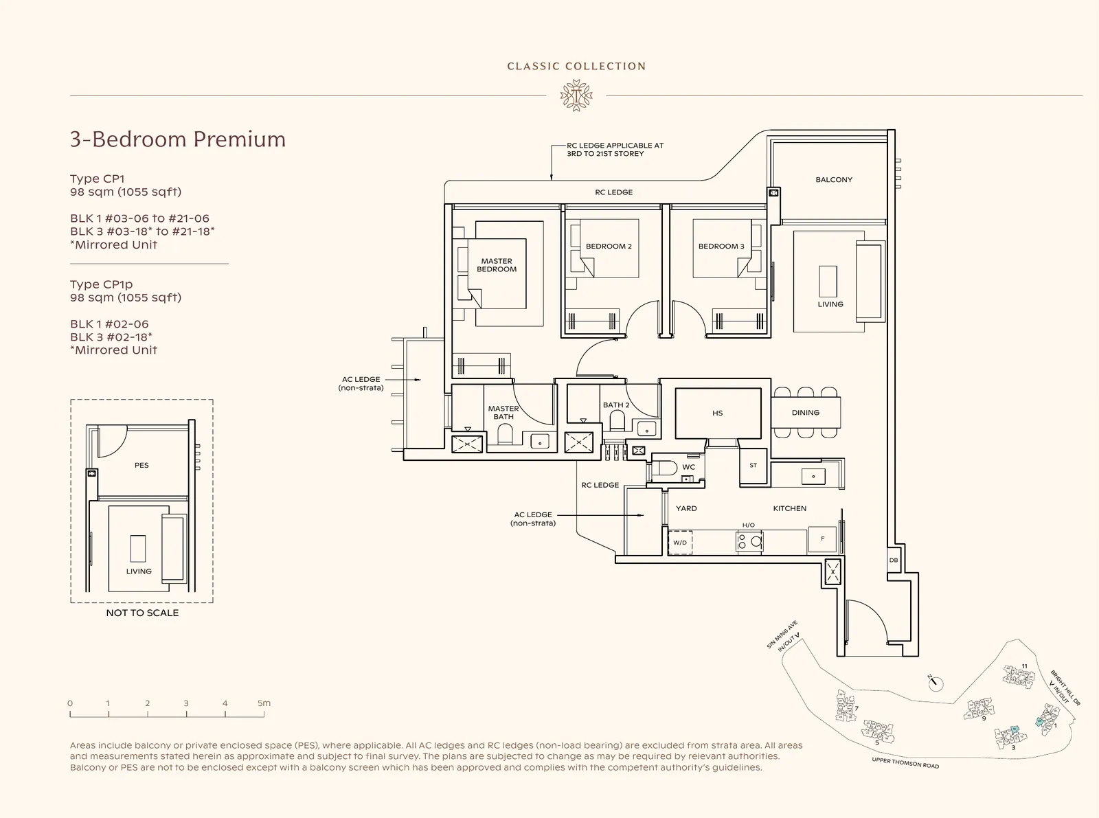 Floor plan for 3-Bedroom Premium, Type CP1, 1,055 sq ft at Thomson Reserve