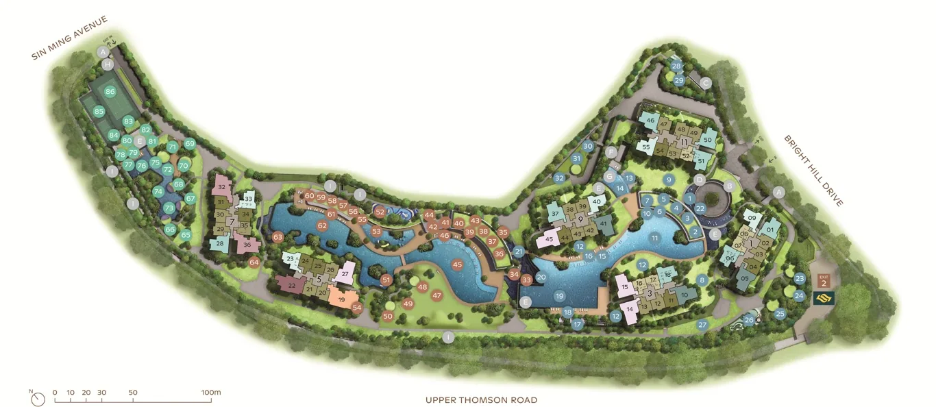 Thomson Reserve site plan: six towers along Upper Thomson Road, with the Island Club pools and lawns at the centre, the Grand Clubhouse and leisure pool to the west and the Wellness Club and courts at the Sin Ming Avenue end